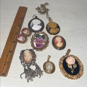 Lot Vintage Costume Cameo Avon Serena rose mirror reverse painted brooch pendant